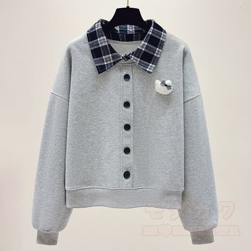 Zweiteiliges Set aus kariertem, kurzem Sweatshirt mit Patchwork-Ausschnitt und Jeans - Graues Oberteil - 2XL - image 7