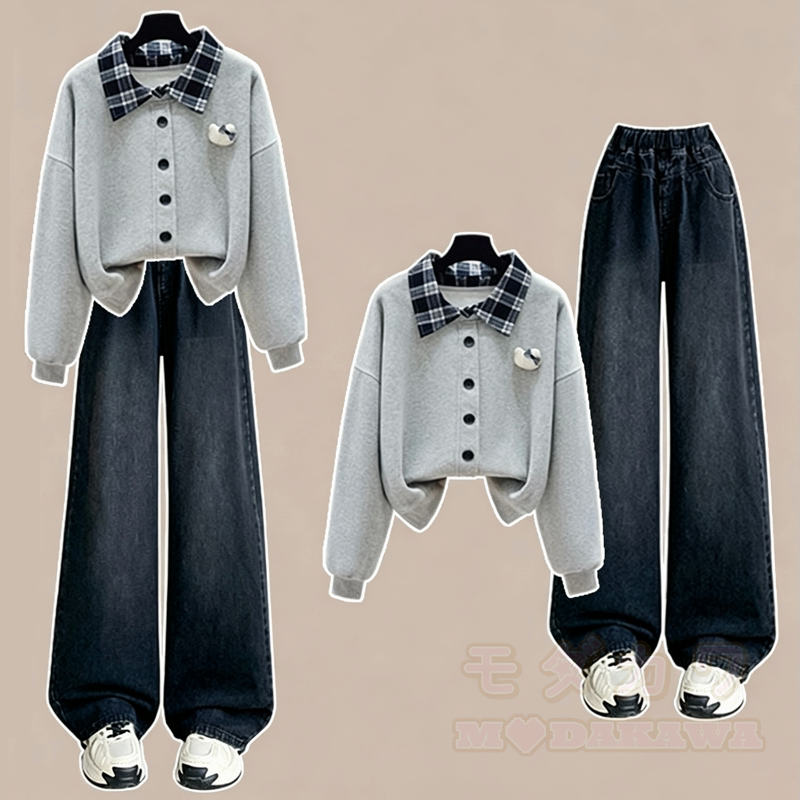 Zweiteiliges Set aus kariertem, kurzem Sweatshirt mit Patchwork-Ausschnitt und Jeans - Graues Set - 2XL - image 3