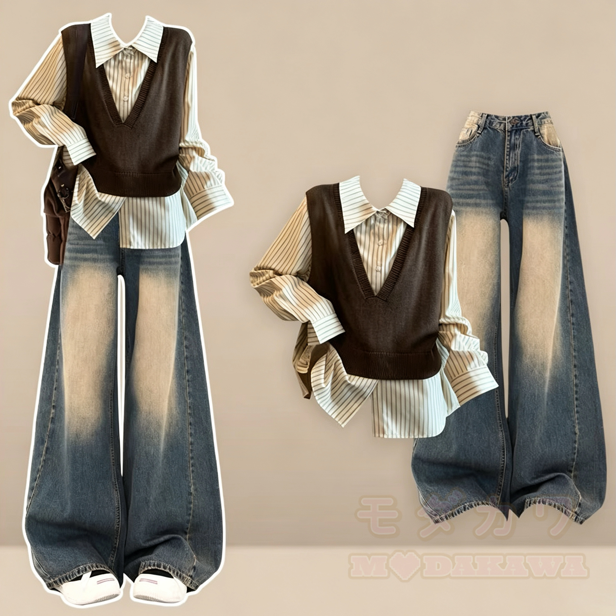 Dreiteiliges Set im Vintage-Preppy-Stil: Streifenhemd, Strickweste, ausgestellte Jeans. - Satz - 4XL - image 1