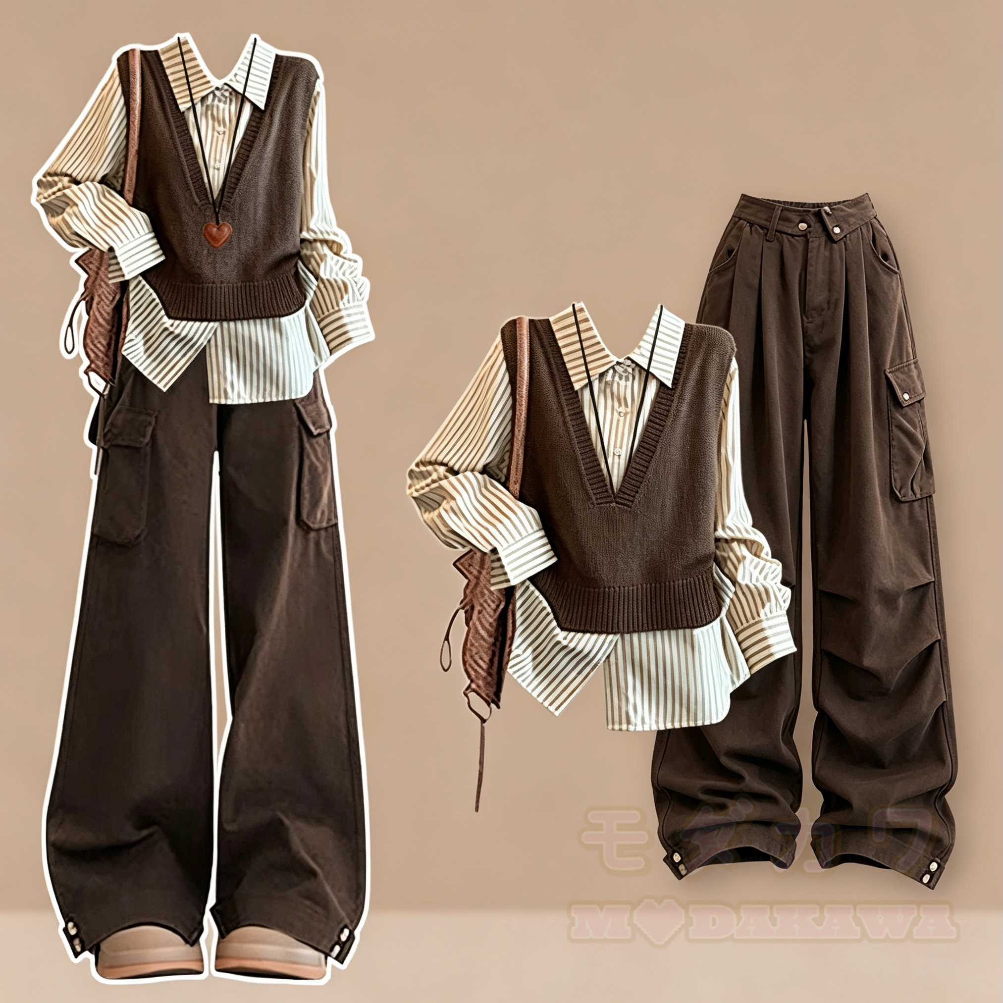 Dreiteiliges Set im Vintage-Preppy-Stil: Streifenhemd, Strickweste, Cargohose mit weitem Bein - Satz - 4XL - image 1