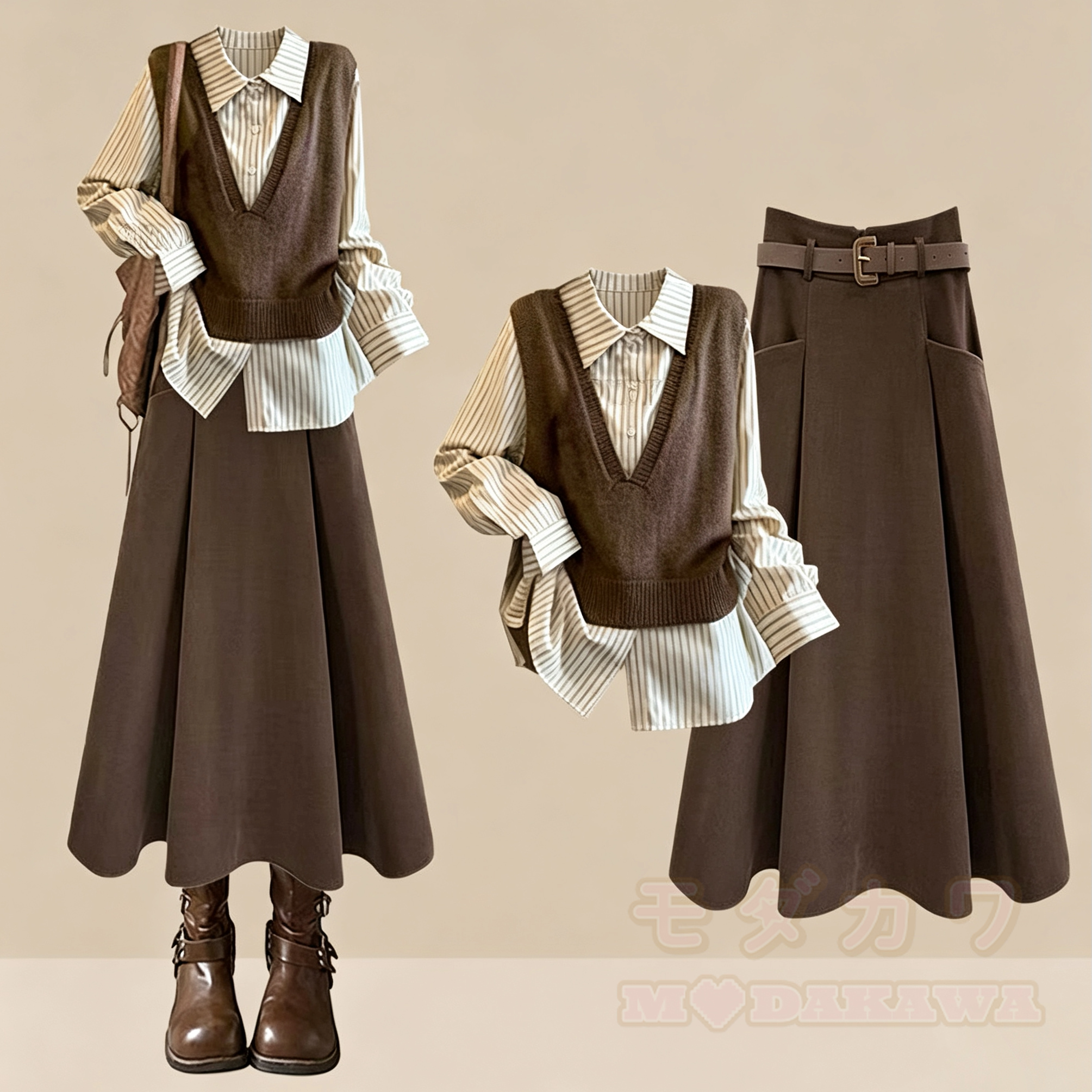 Vintage-Preppy-Streifenhemd, Weste und langer Rock, dreiteiliges Set - Satz - 4XL - image 1