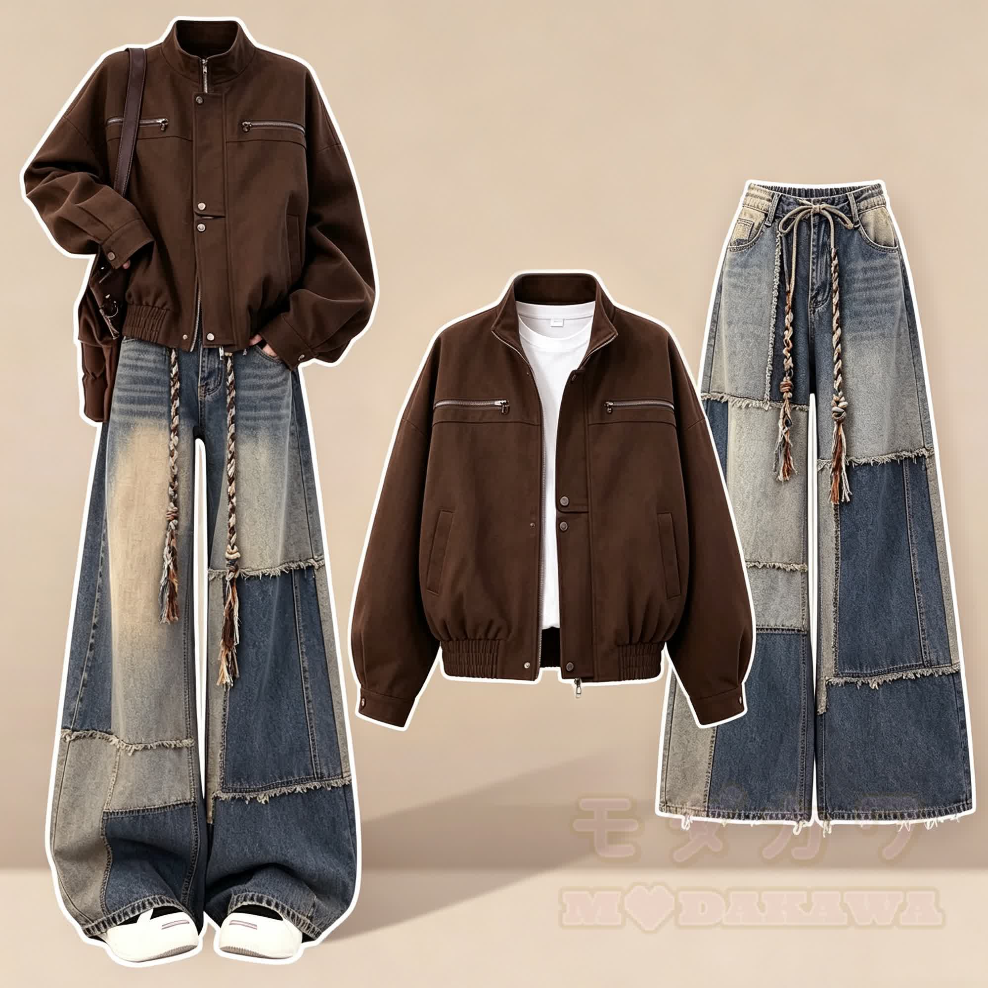 Vintage-Jacke mit Stehkragen und Reißverschluss, Patchwork-Jeans mit offener Kante, zweiteiliges Set - image 1
