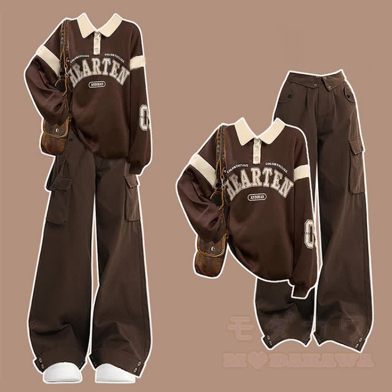 Vintage-Preppy-Sweatshirt mit Polokragen und Cargohose mit weitem Bein, zweiteiliges Set - Satz - XL - image 1