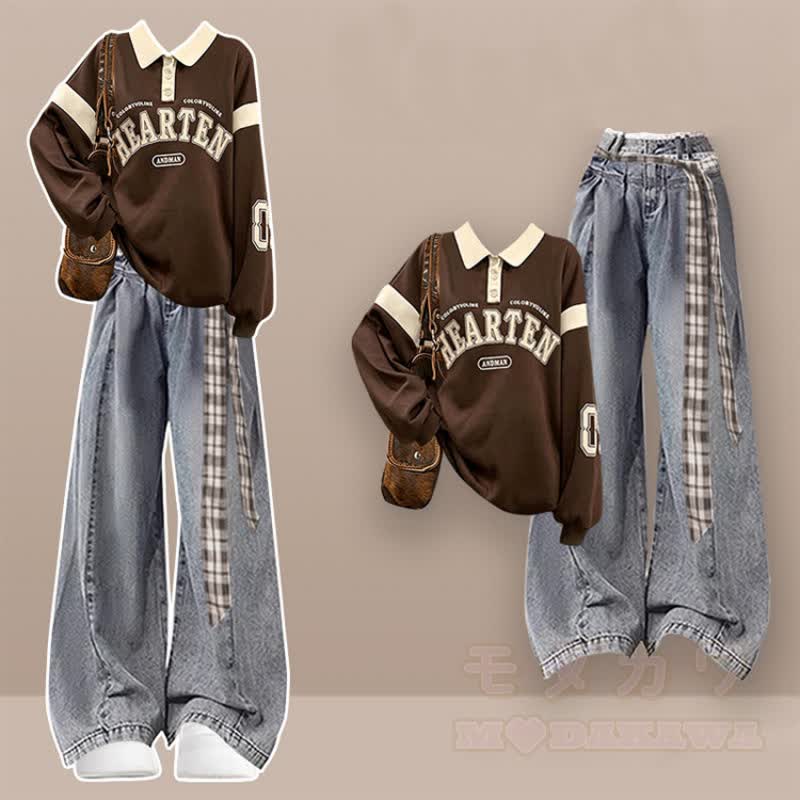 Zweiteiliges Set im koreanischen Preppy-Stil: Polo-Sweatshirt mit Spitzenband und Jeans mit Spitzenriemen - Satz - XL - image 1