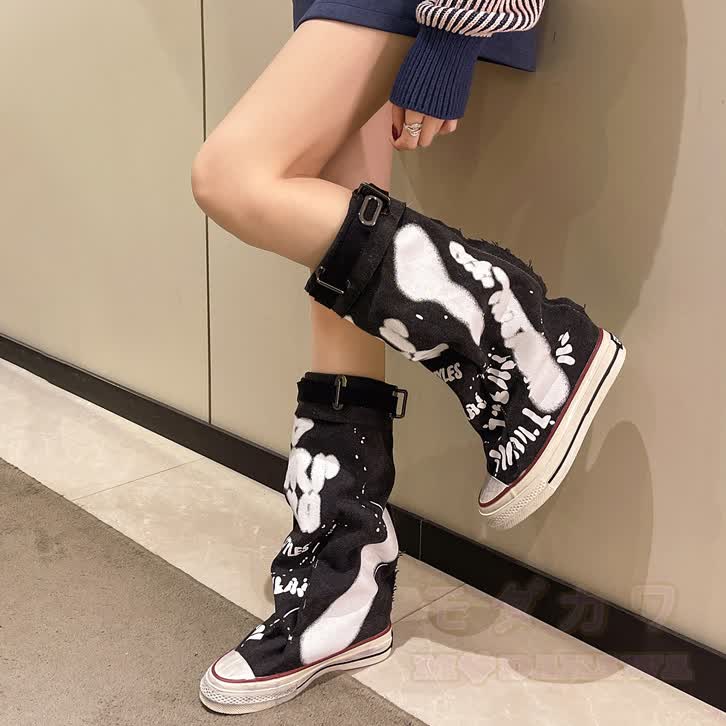 Vintage Graffiti High Top Canvas Plated Mid Calf Boots - image 1
