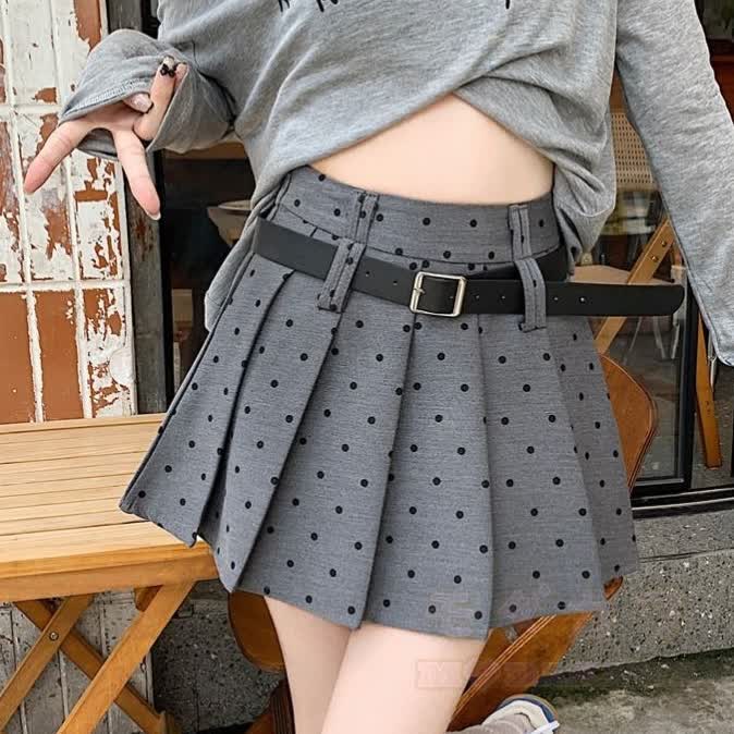 Vintage-Faltenrock mit hohem Bund und Polka-Dots - Grau (ohne Gürtel) - XL - image 1