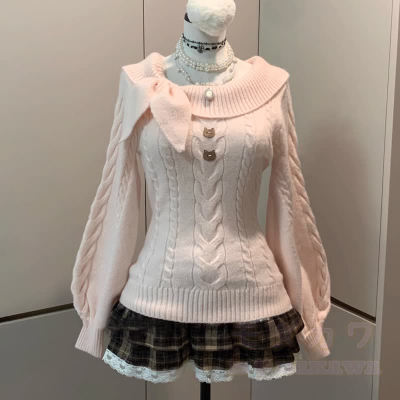Zweiteiliges Set: Schulterfreier Zopfstrickpullover mit Schleife und karierter Rüschenrock - Rosa Top - 2XL - image 5