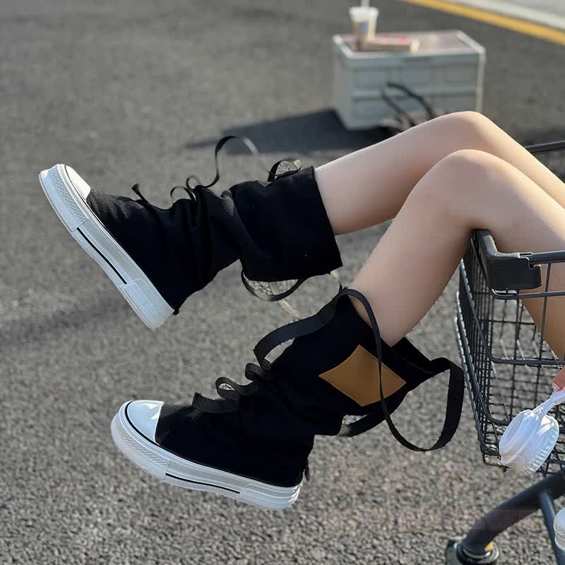 Vintage High-Top-Stiefeletten aus Canvas mit Riemen, Schnürung und Blocksohle - image 4