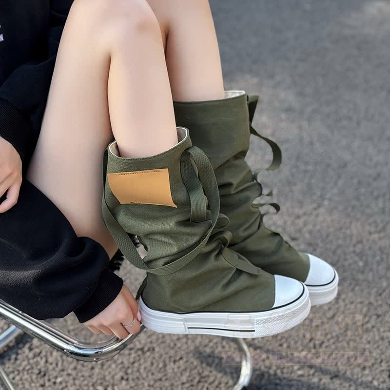 Vintage High-Top-Stiefeletten aus Canvas mit Riemen, Schnürung und Blocksohle - image 2