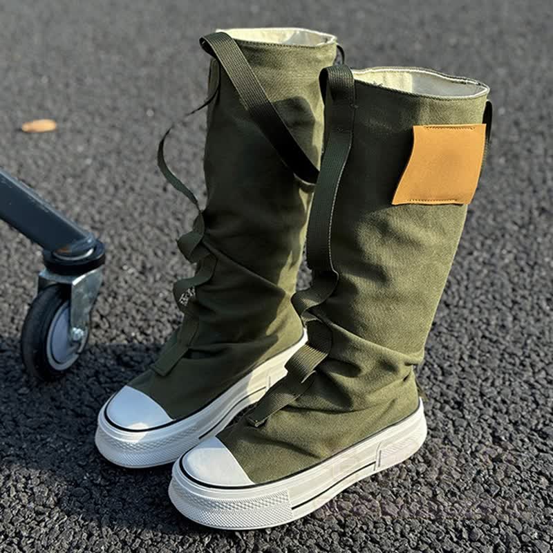 Vintage High-Top-Stiefeletten aus Canvas mit Riemen, Schnürung und Blocksohle - image 3