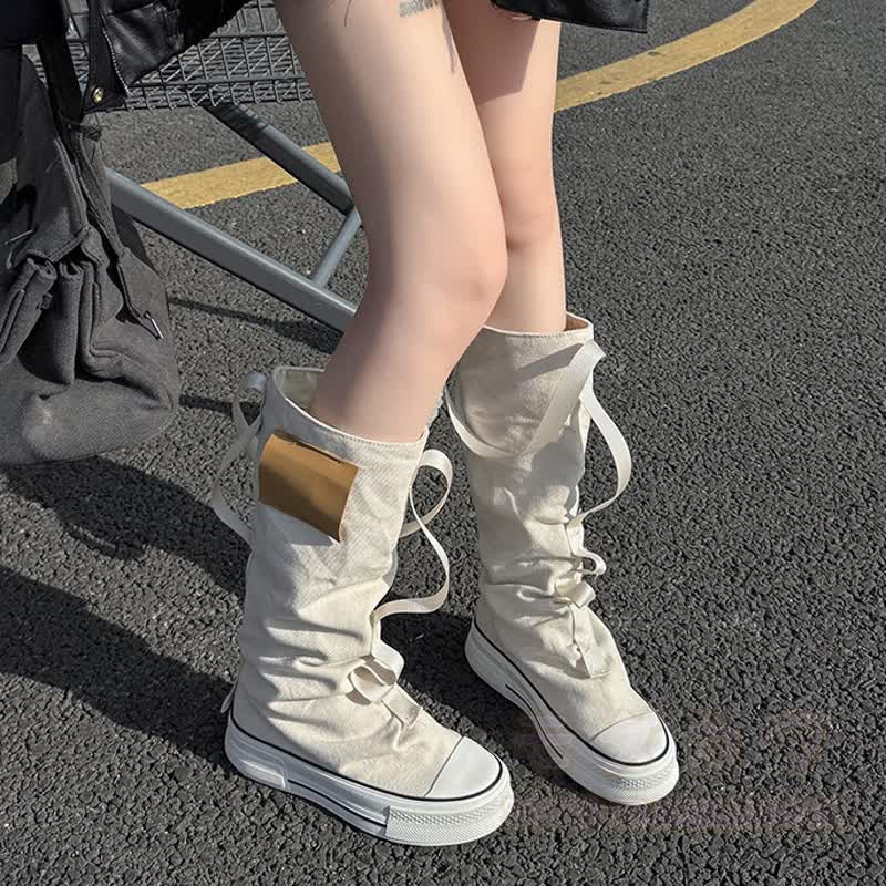 Vintage High-Top-Stiefeletten aus Canvas mit Riemen, Schnürung und Blocksohle - image 5