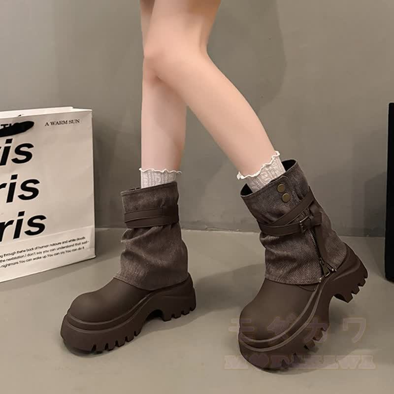 Vintage-Plateau-Ankle-Boots mit dicker Sohle, Patchwork-Design, seitlichem Reißverschluss und Martin-Stil - image 4