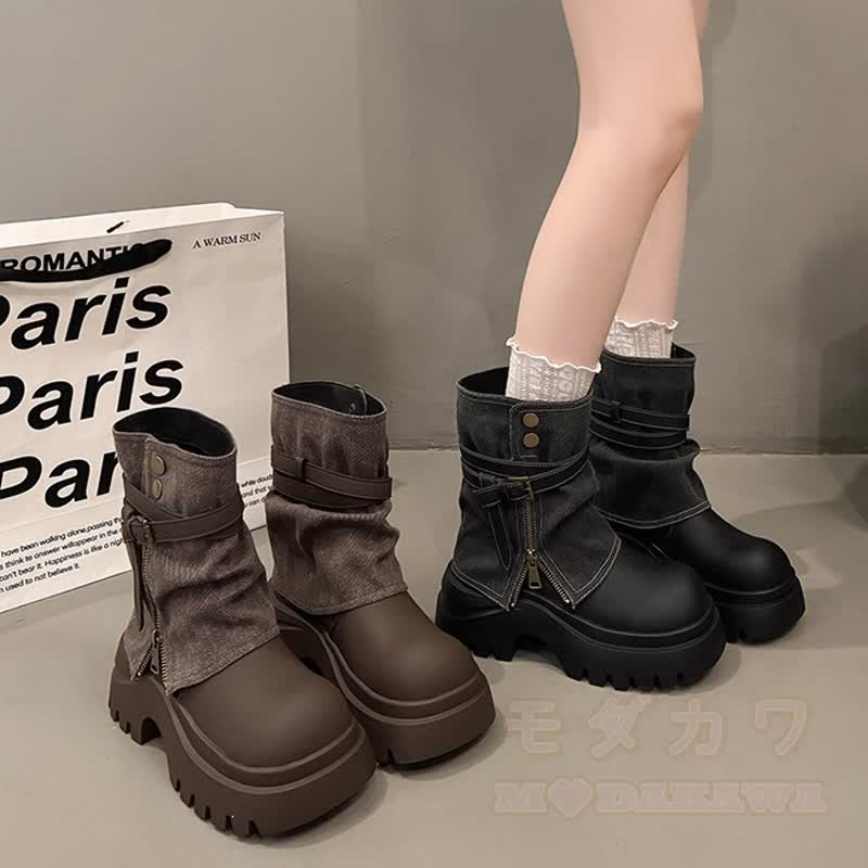 Vintage-Plateau-Ankle-Boots mit dicker Sohle, Patchwork-Design, seitlichem Reißverschluss und Martin-Stil - image 2
