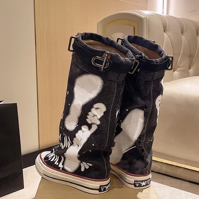 Vintage Graffiti High Top Canvas Plated Mid Calf Boots - image 6
