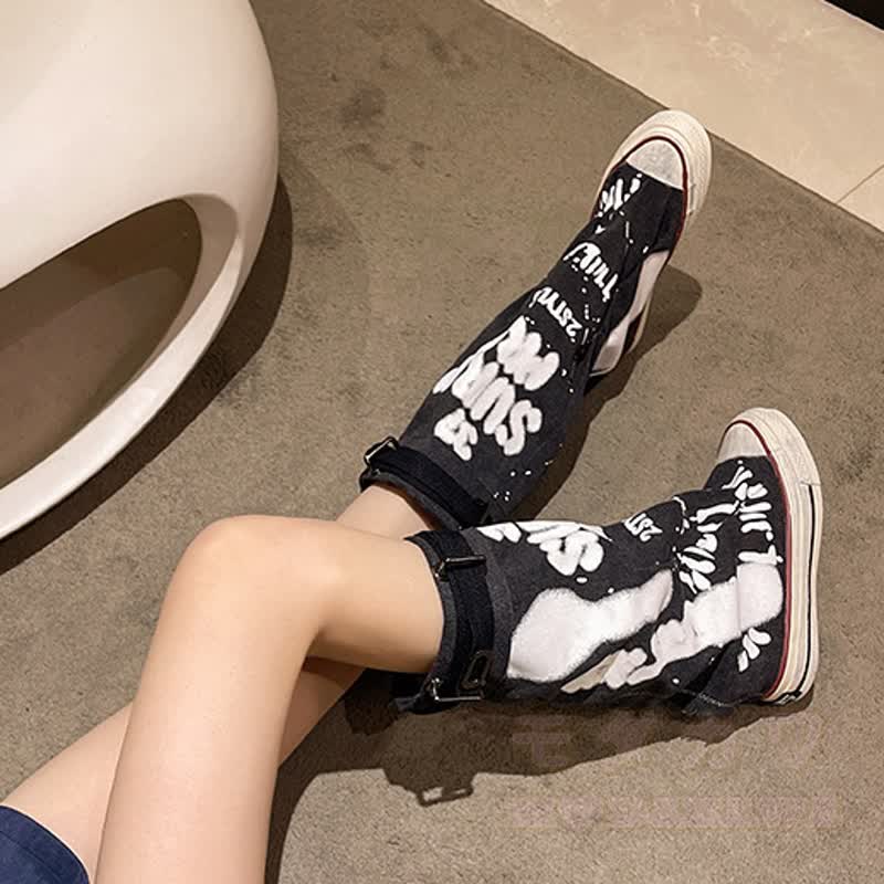 Vintage Graffiti High Top Canvas Plated Mid Calf Boots - image 4