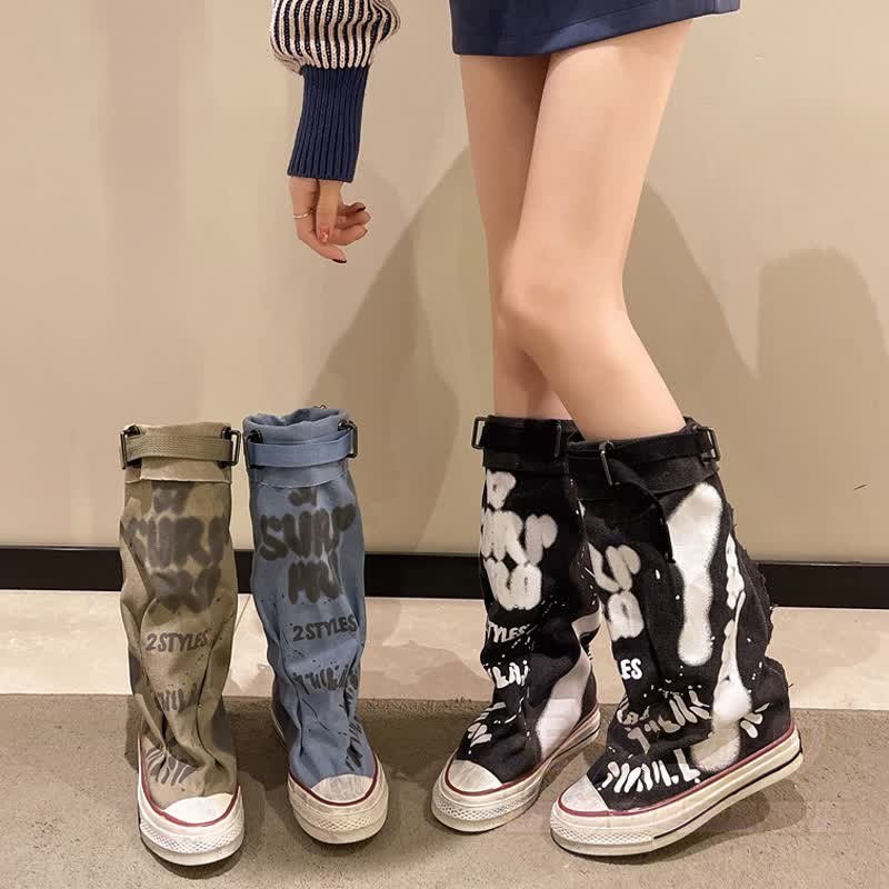 Vintage Graffiti High Top Canvas Plated Mid Calf Boots - image 3