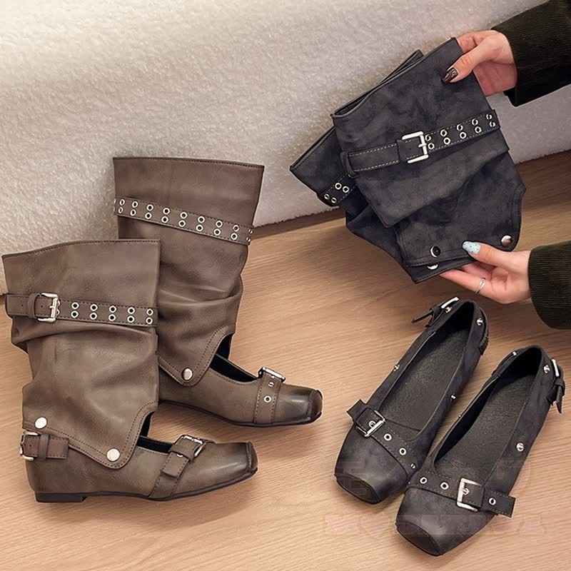 Vintage-Stiefeletten mit abnehmbarem Schnallenriemen und beidseitig tragbarem, mittelhohem Absatz - image 2