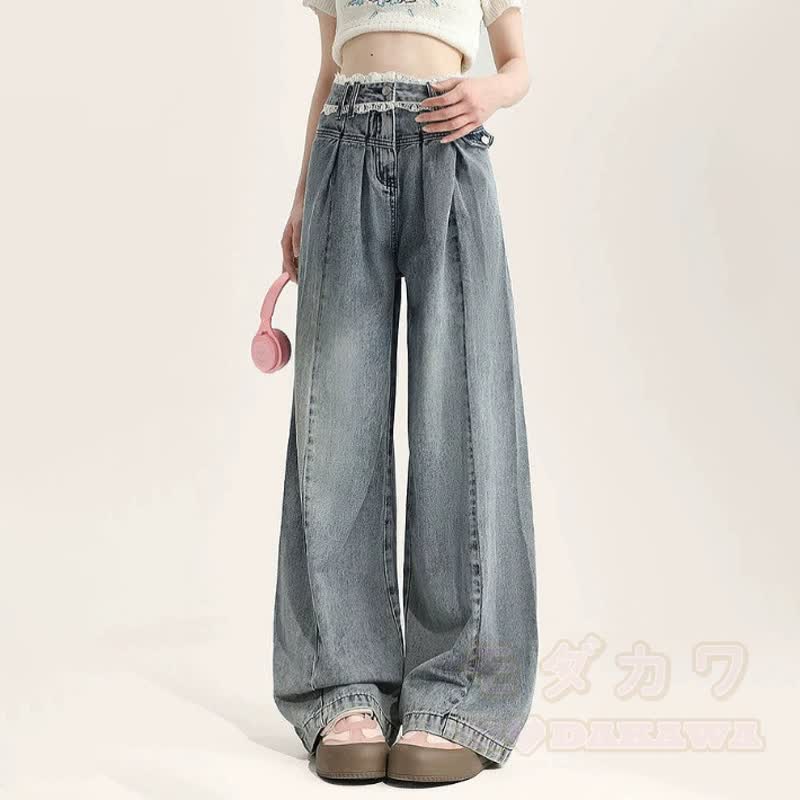 Zweiteiliges Set im koreanischen Preppy-Stil: Polo-Sweatshirt mit Spitzenband und Jeans mit Spitzenriemen - Hose - XL - image 3