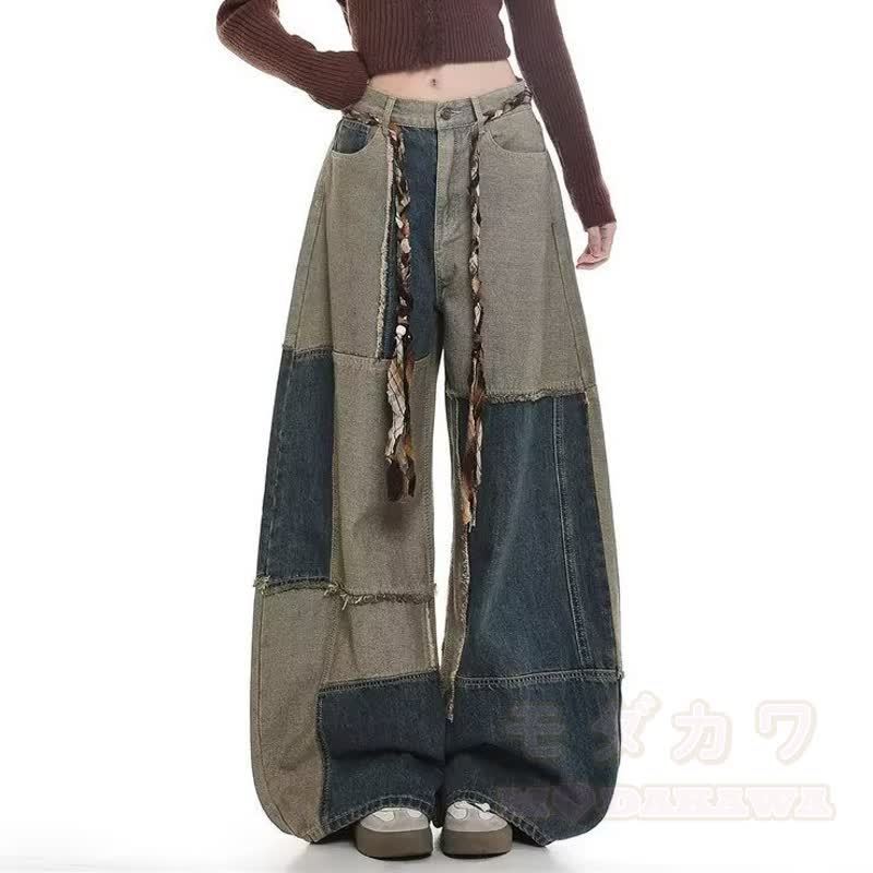 Vintage-Jacke mit Stehkragen und Reißverschluss, Patchwork-Jeans mit offener Kante, zweiteiliges Set - image 10