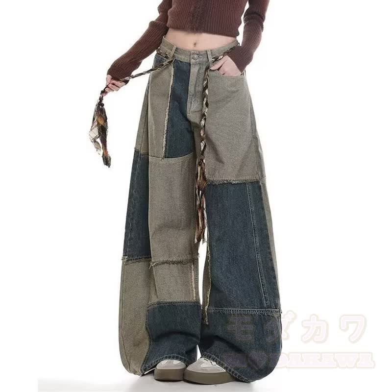 Vintage-Jacke mit Stehkragen und Reißverschluss, Patchwork-Jeans mit offener Kante, zweiteiliges Set - Hose - 3XL - image 9
