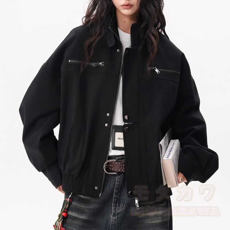 Vintage-Jacke mit Stehkragen und Reißverschluss, Patchwork-Jeans mit offener Kante, zweiteiliges Set - Schwarze Jacke - 2XL - image 8
