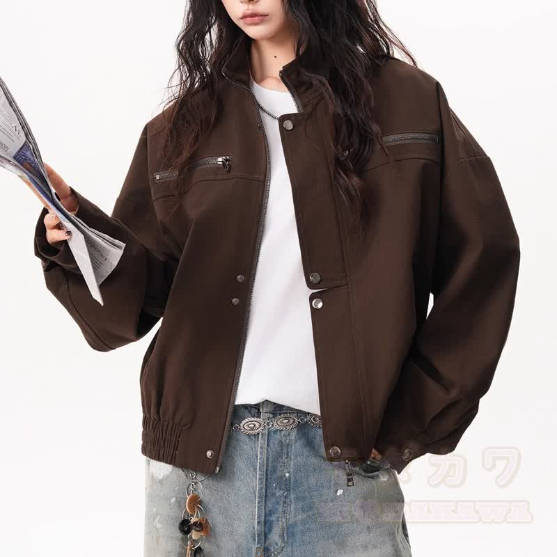 Vintage-Jacke mit Stehkragen und Reißverschluss, Patchwork-Jeans mit offener Kante, zweiteiliges Set - Braune Jacke - 2XL - image 5