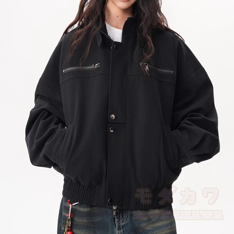Vintage-Jacke mit Stehkragen und Reißverschluss, Patchwork-Jeans mit offener Kante, zweiteiliges Set - image 6