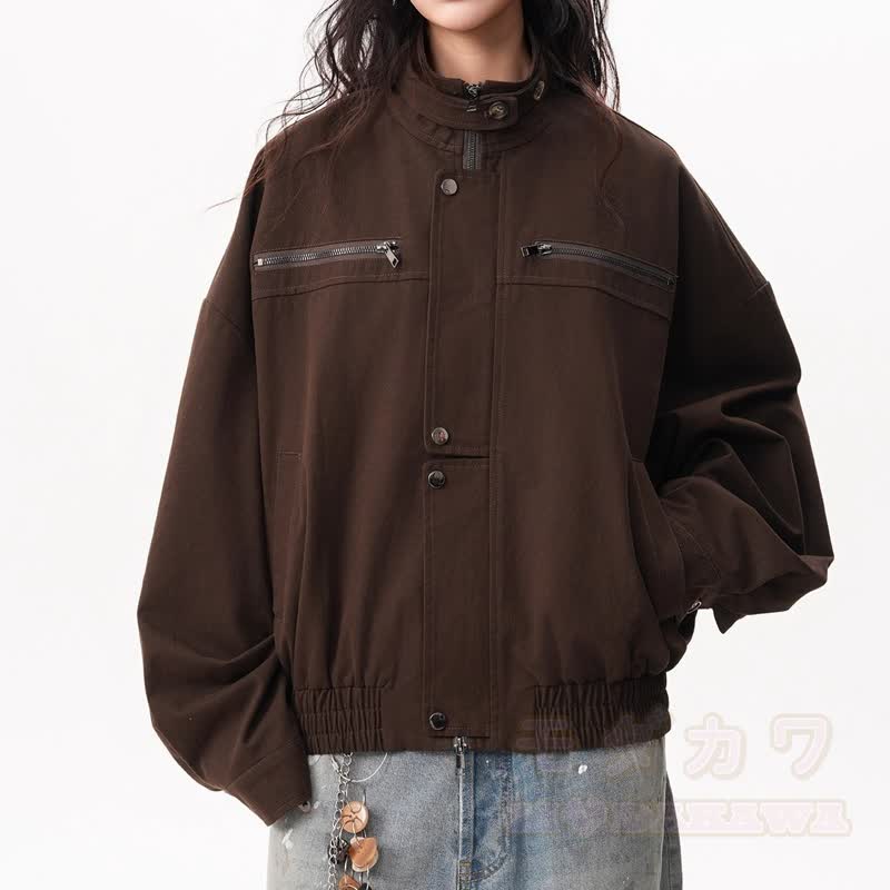 Vintage-Jacke mit Stehkragen und Reißverschluss, Patchwork-Jeans mit offener Kante, zweiteiliges Set - image 3