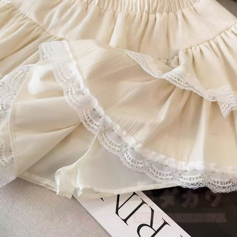 Zweiteiliges Set: Schulterfreier, flauschiger Strickpullover mit Schmetterlingsmuster und Rüschenrock mit Spitze - image 11