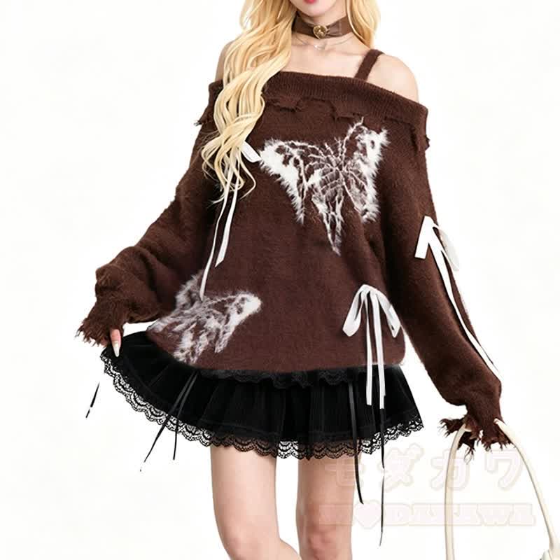 Zweiteiliges Set: Schulterfreier, flauschiger Strickpullover mit Schmetterlingsmuster und Rüschenrock mit Spitze - Braunes Oberteil + schwarzer Rock - 2XL - image 6