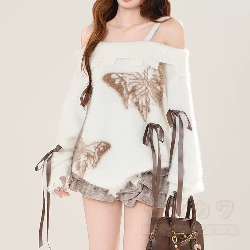 Zweiteiliges Set: Schulterfreier, flauschiger Strickpullover mit Schmetterlingsmuster und Rüschenrock mit Spitze - Weißes Oberteil - 2XL - image 2