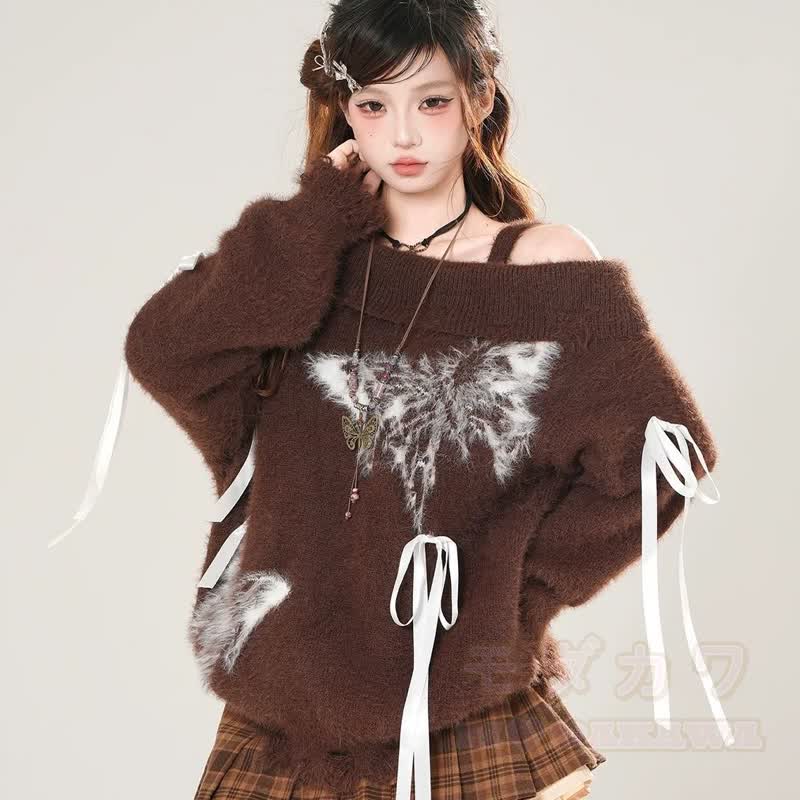 Zweiteiliges Set: Schulterfreier, flauschiger Strickpullover mit Schmetterlingsmuster und Rüschenrock mit Spitze - Braunes Oberteil - 2XL - image 4