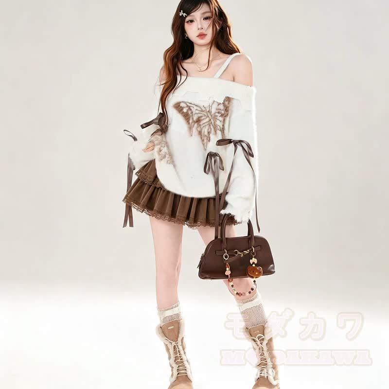 Zweiteiliges Set: Schulterfreier, flauschiger Strickpullover mit Schmetterlingsmuster und Rüschenrock mit Spitze - image 3
