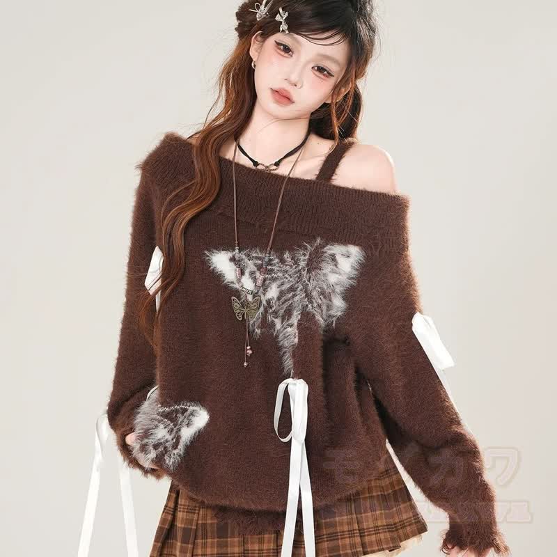 Zweiteiliges Set: Schulterfreier, flauschiger Strickpullover mit Schmetterlingsmuster und Rüschenrock mit Spitze - image 5