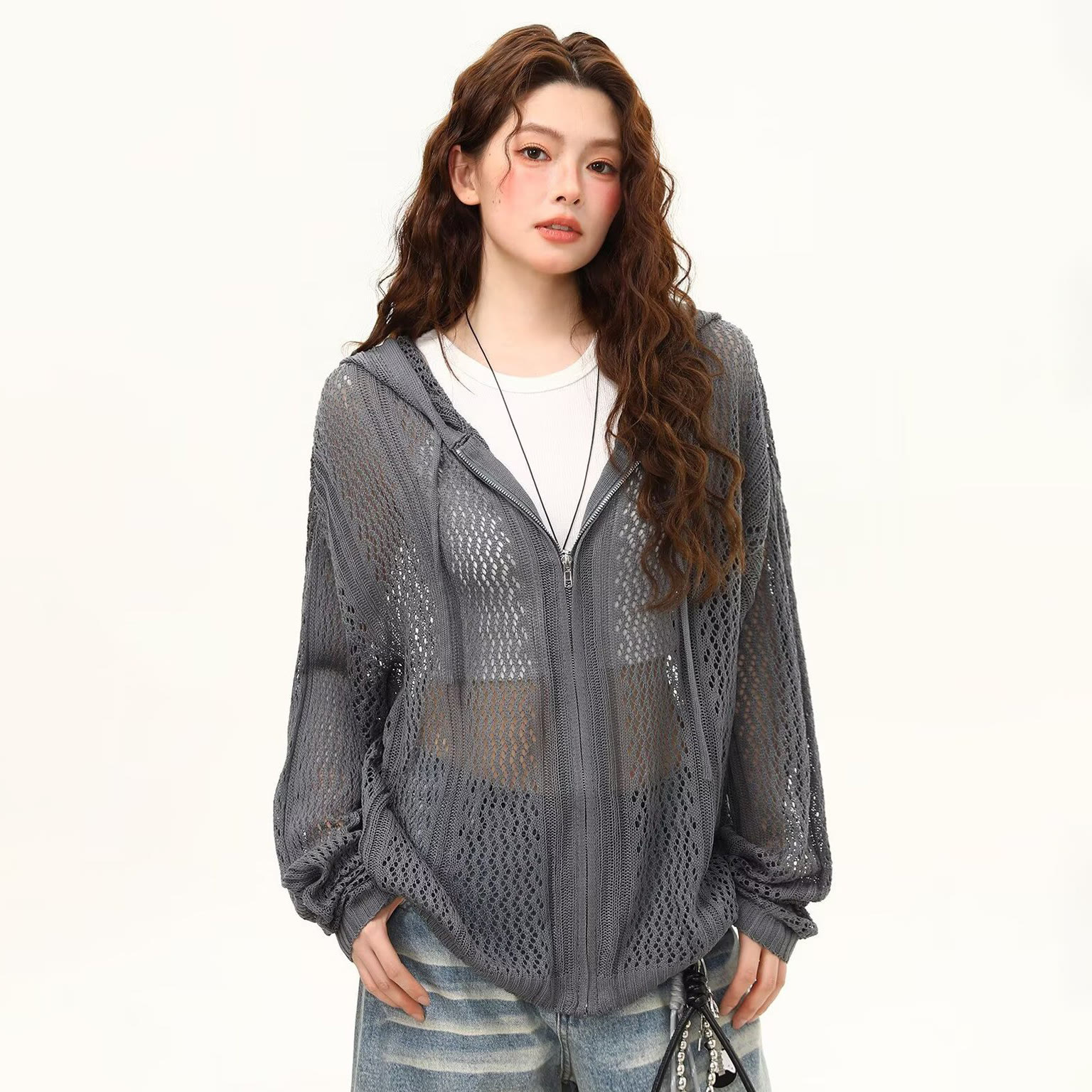 Graue Vintage-Strickjacke mit Kapuze und Reißverschluss, Cut-outs - Grau - 3XL - image 1