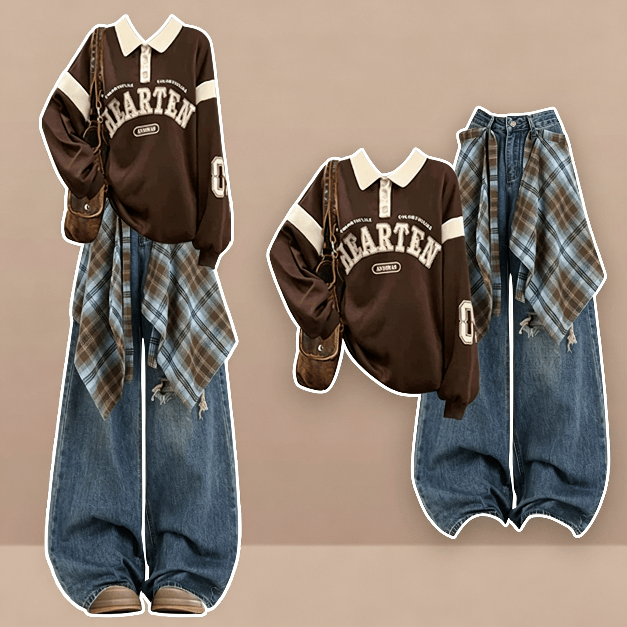 Oversized Polo-Sweatshirt mit Vintage-Jeans Zweiteiler - image 1