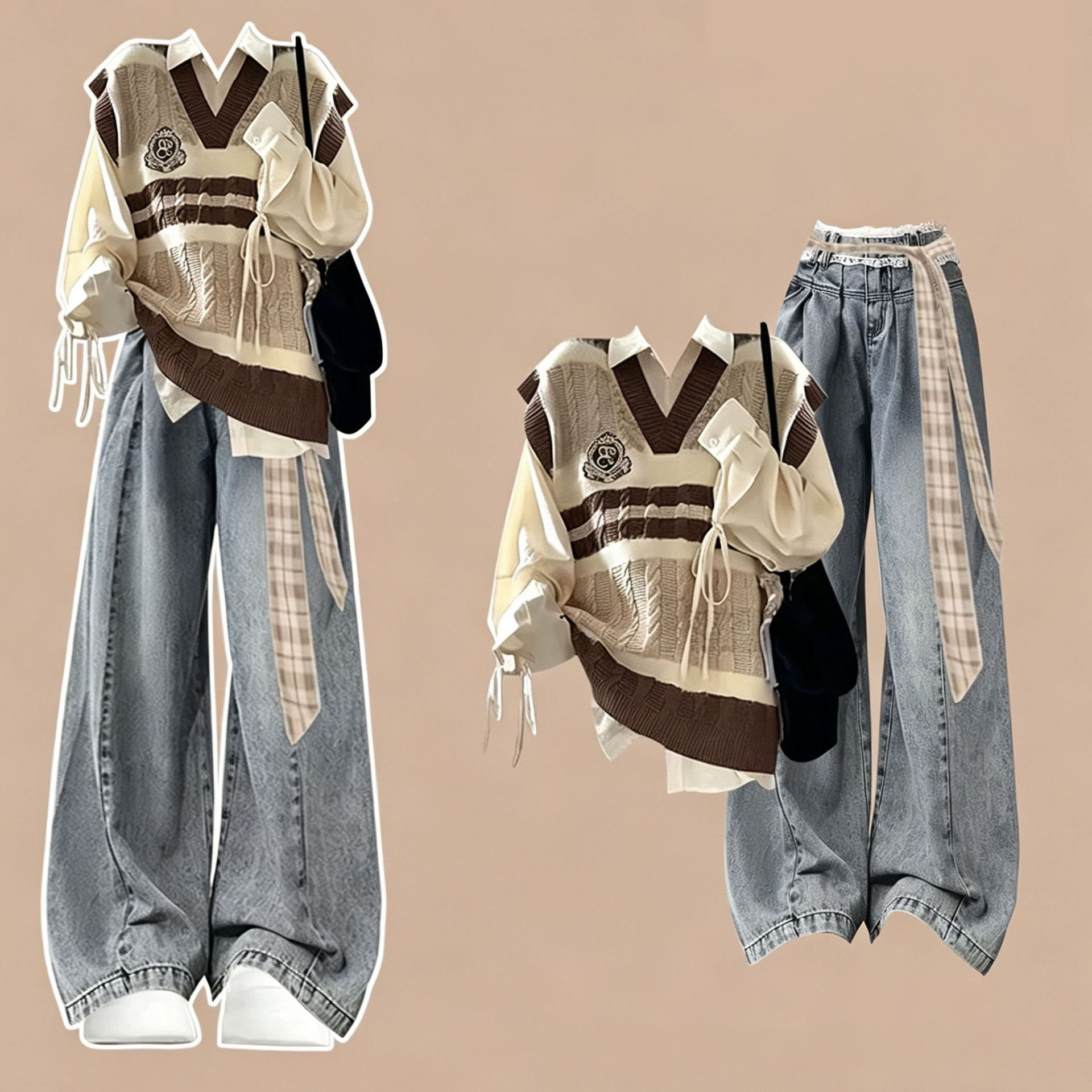 Zweiteiliges Set im Preppy-Stil: Strickweste mit V-Ausschnitt und passende Hose - Satz - XL - image 1