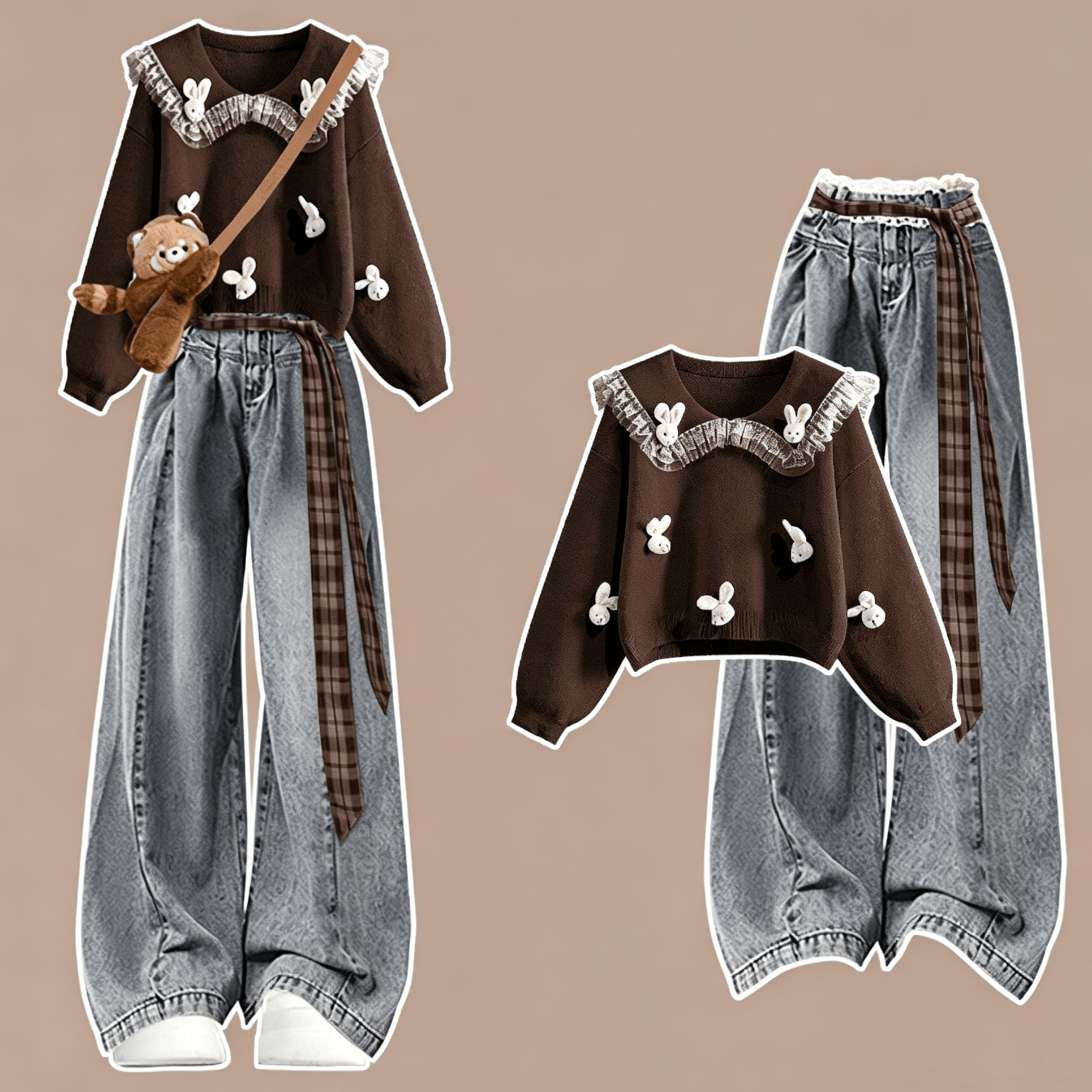 Schicker Strickpullover mit Spitzenjeans und braunem Gürtel – Dreiteiliges Set - Hose (ohne Gürtel) - XL - image 1