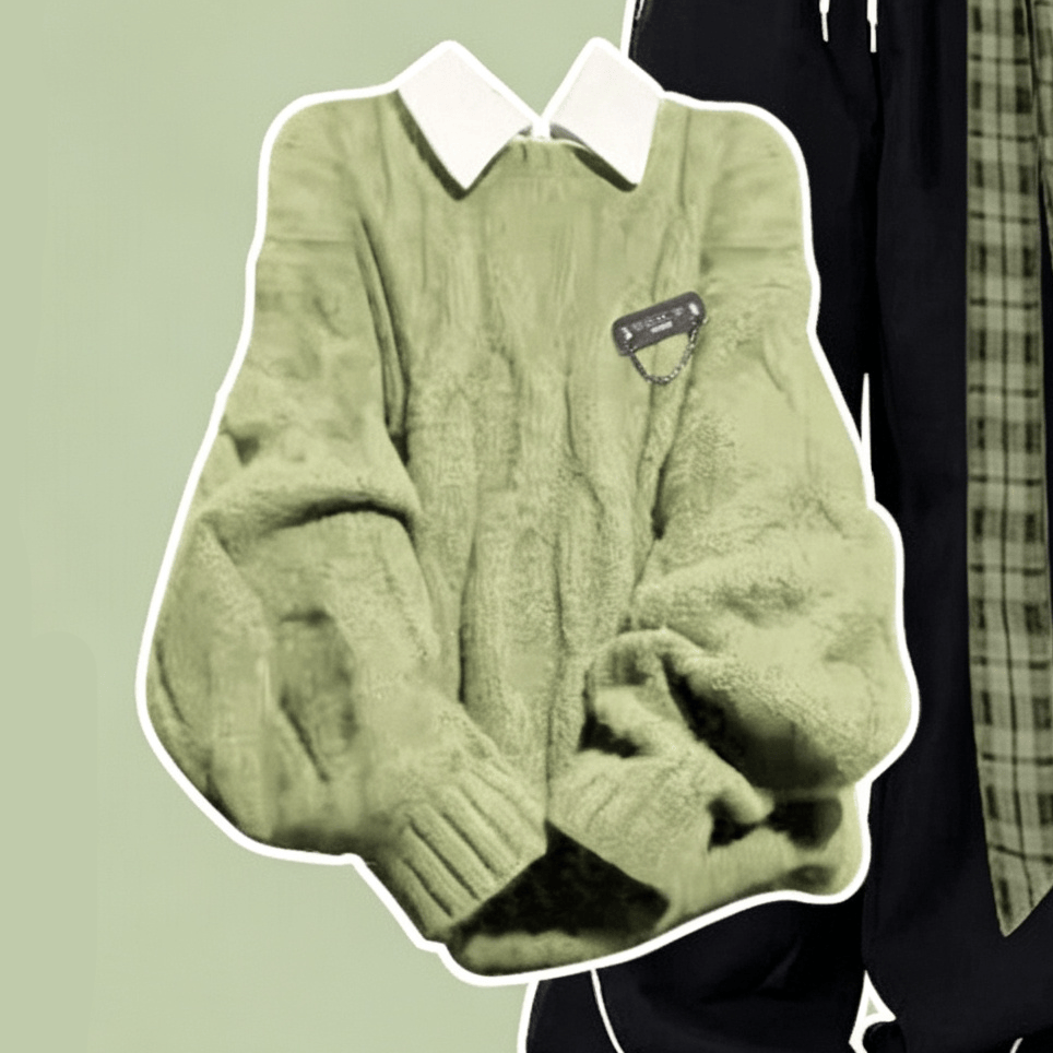 Dreiteiliges Set: Grüner Preppy-Pullover, klassisches Hemd und lässige Hose - Pullover & Hemd - XL - image 2