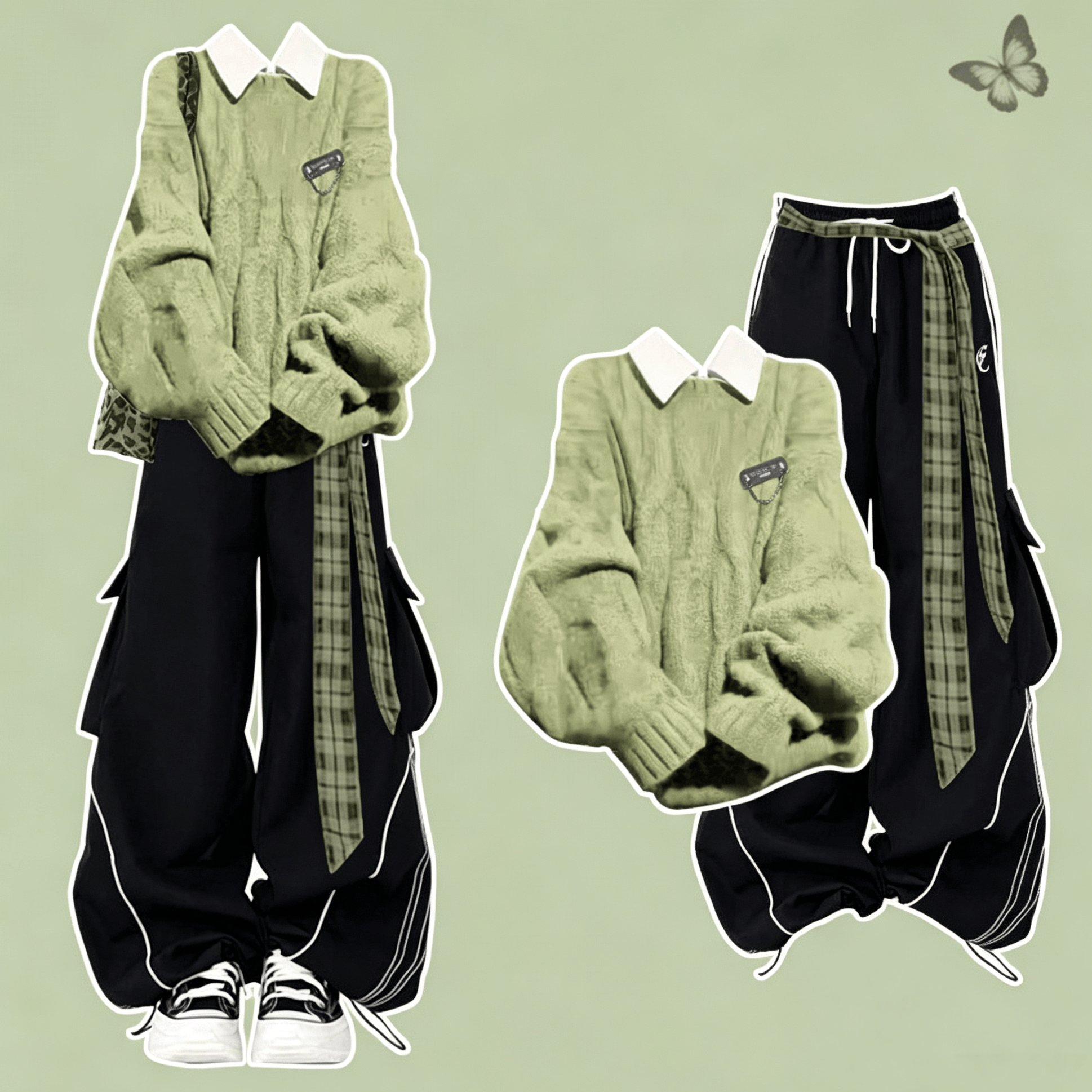 Dreiteiliges Set: Grüner Preppy-Pullover, klassisches Hemd und lässige Hose - Satz - XL - image 1