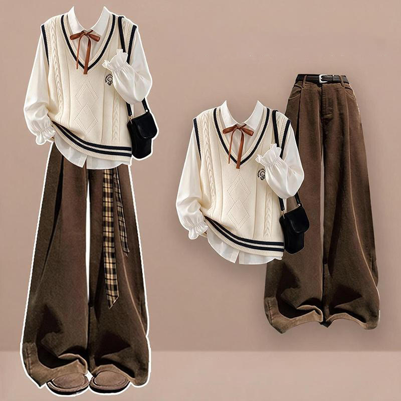 Süßes, adrettes dreiteiliges Set aus bestickter Strickweste, Hemd und Culotte-Hose - Satz - XL - image 1