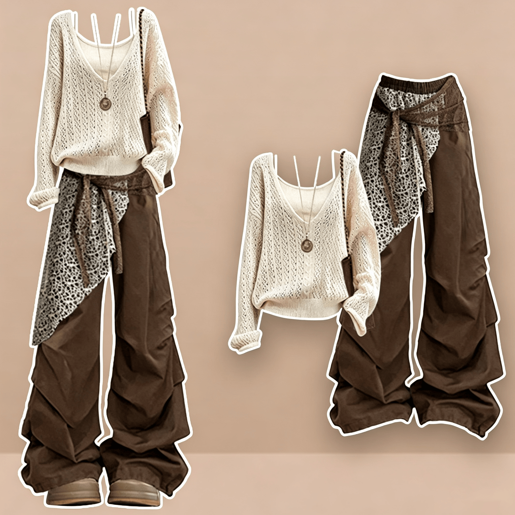 Dreiteiliges Set aus kuscheligem Strick-Cover-Up, Top und Hose - Satz - XL - image 1