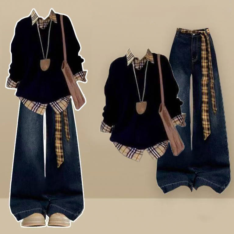 Zweiteiliges Set aus kariertem Patchwork-Poloshirt und hochgeschnittener, gewaschener Jeans - Satz - XL - image 1