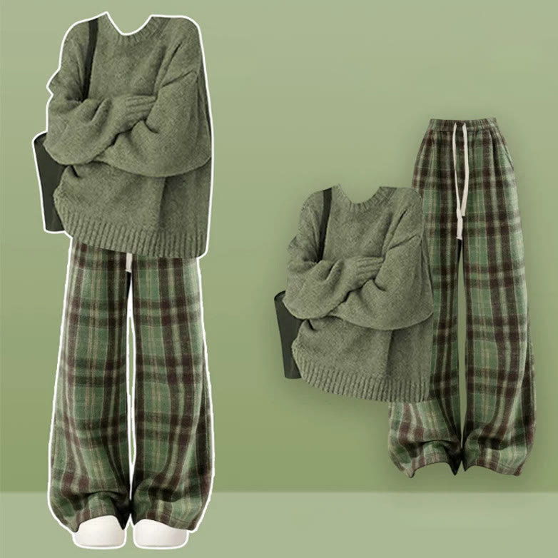 Zweiteiliges Set aus lockerem Pullover und karierter, weit geschnittener Hose - Satz - XL - image 1
