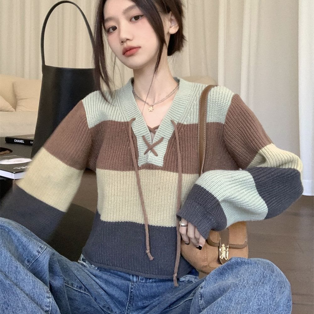 Zweiteiliges Set aus gestreiftem Strickpullover im Maillard-Stil und zerrissener Jeans - Pullover - XL - image 2
