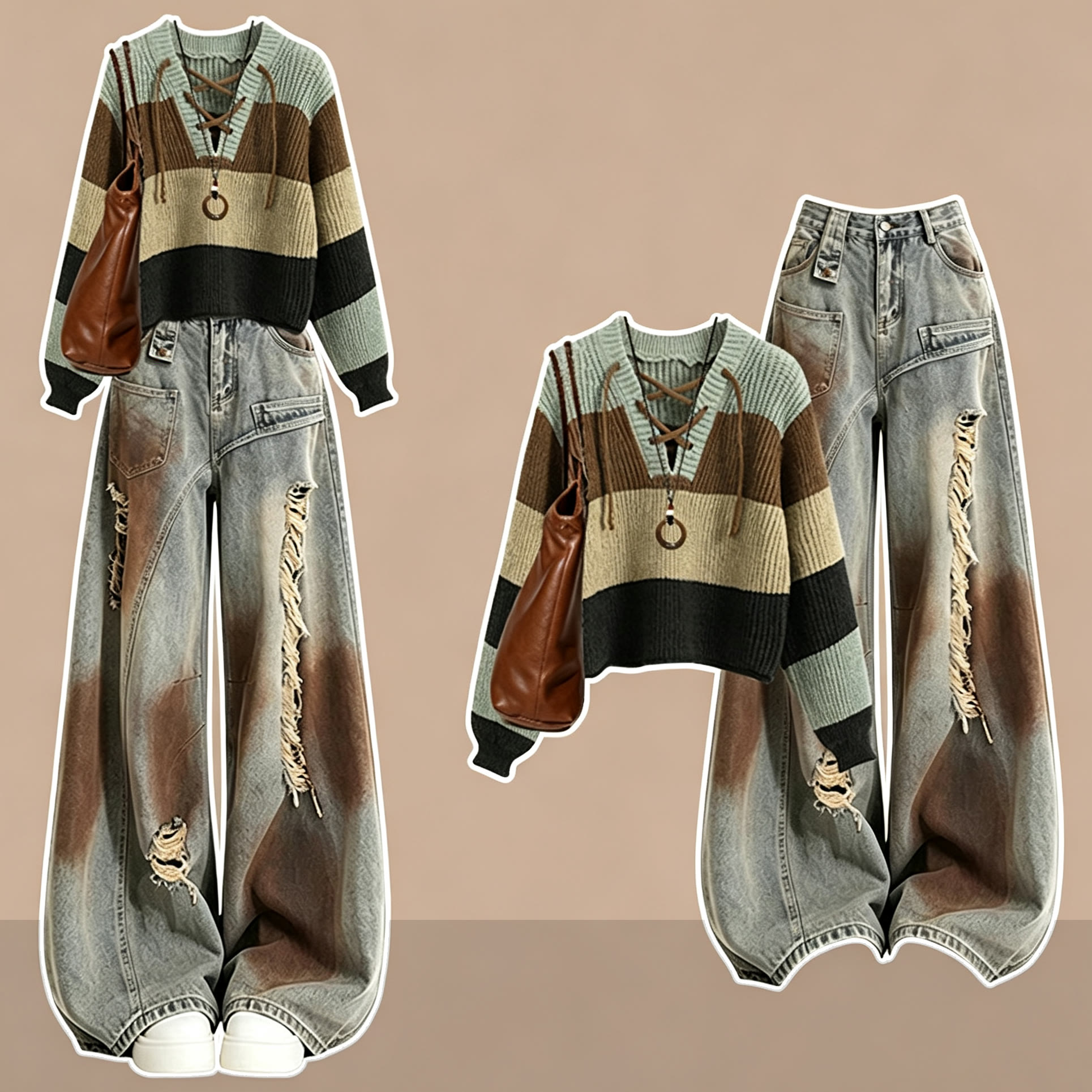 Zweiteiliges Set aus gestreiftem Strickpullover im Maillard-Stil und zerrissener Jeans - Satz - XL - image 1
