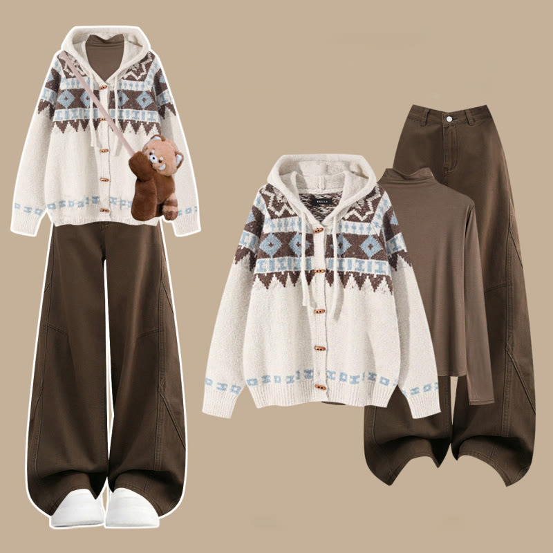 Dreiteiliges Set aus Maillard-Strickcardigan, Basic-Top und brauner Hose - Satz - XL - image 1