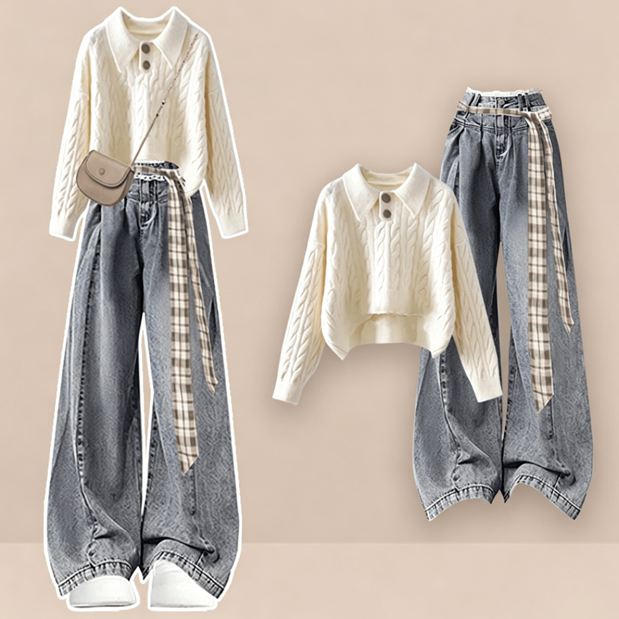 Zweiteiliges Set aus Strickpullover und Jeans mit Spitzenbesatz - Satz - XL - image 1