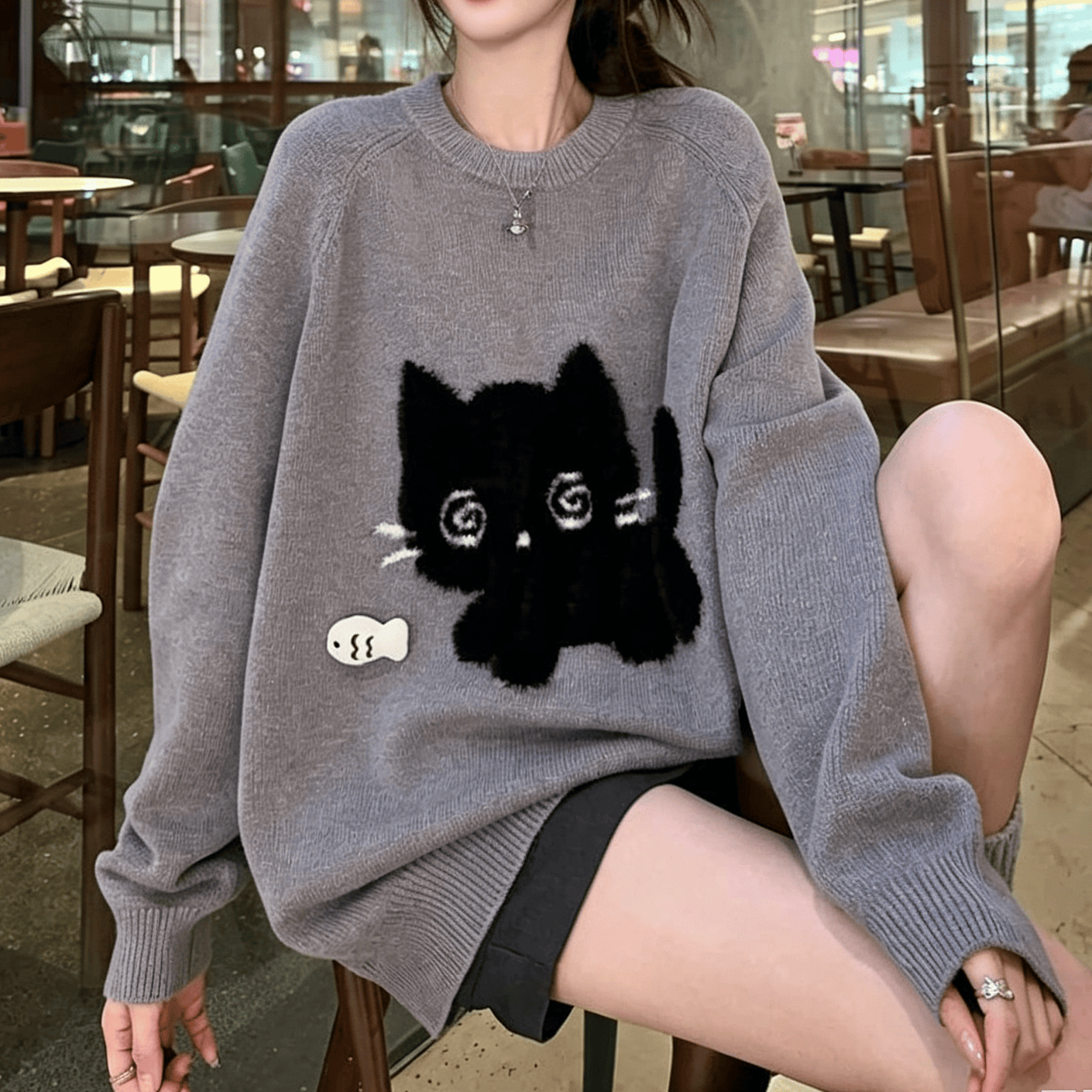 Schickes zweiteiliges Set aus grauem Pullover und Rock - Spitze - XL - image 2