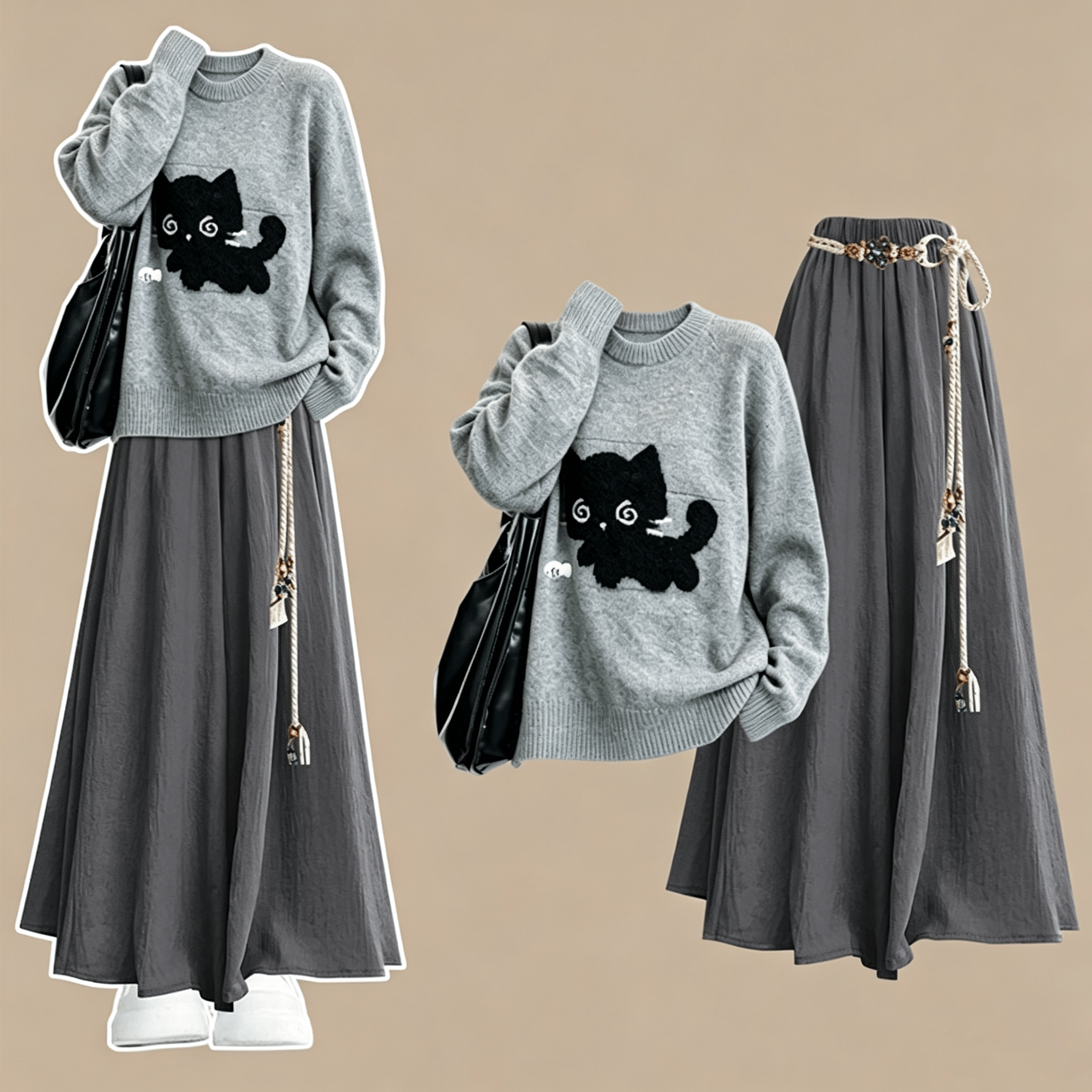Schickes zweiteiliges Set aus grauem Pullover und Rock - Satz - XL - image 1